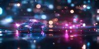 Futuristic car silhouette with glowing digital particles and bokeh lights reflecting on wet surface against dark background with neon pink and blue colors.