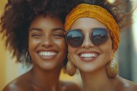 Joyful young women with natural afro hair and headscarf smiling together outdoors in warm sunlight, showcasing genuine friendship and authentic beauty.