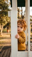 Adorable toddler boy with curly red hair peeking through white fence rails in golden autumn light, wearing cozy mustard sweater for family lifestyle content.