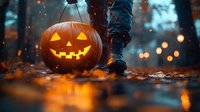 Glowing carved pumpkin on autumn ground with fallen leaves and person's boots in dark moody atmosphere, orange bokeh lights creating magical Halloween ambiance.