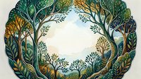 Enchanted forest frame with lush foliage and trees creating natural border on light background for nature designs and botanical projects.