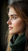 Young woman with light brown hair, fair complexion, and blue eyes wearing dark green knit scarf in profile portrait with dramatic side lighting for beauty, fashion, or lifestyle design projects.