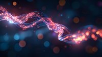 Glowing pink energy wave with sparkles and light trails flowing on dark blue background with bokeh effect creates magical atmosphere.