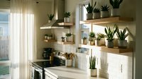 Modern kitchen with open wooden shelving displaying potted plants, white cabinetry, and natural light from windows, suitable for home decor and interior design projects.