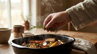 Caucasian male hand garnishing roasted vegetables and meat in cast iron skillet with fresh rosemary herb, home cooking preparation in warm kitchen lighting.