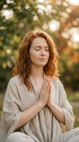 Young Caucasian woman with curly red hair meditating in prayer pose outdoors during golden hour sunset. Peaceful mindfulness and spiritual wellness concept.