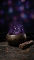Tibetan singing bowl with wooden mallet emitting magical golden sparkles against purple bokeh background on rustic wooden surface for meditation and healing.