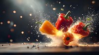 Red and orange bell peppers exploding with water splashes and droplets against dark background with dramatic lighting and bokeh effects, creating dynamic food photography.