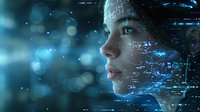 Young woman profile with digital technology elements and blue bokeh lights creating futuristic atmosphere. Concept of artificial intelligence and digital transformation.