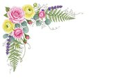 Watercolor floral corner border with pink roses, yellow flowers, lavender and green ferns on white background for wedding invitations and greeting cards.