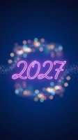Glowing pink neon 2027 numbers surrounded by colorful bokeh lights and sparkles on deep blue gradient background for New Year celebration and party designs.