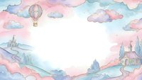 Watercolor fairy tale landscape with hot air balloon, castle and cottage among pastel pink and blue clouds creating dreamy children's book illustration frame.