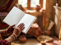 Hands adorned with henna holding open blank book with warm golden sunlight streaming through window, suitable for publishing, education, storytelling, and cultural content.