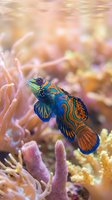 Colorful mandarin fish with vibrant blue, orange, and green patterns swimming among pink and yellow coral formations in tropical reef environment for marine life and aquatic themes.