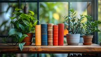Row of vintage hardcover books between potted green houseplants on wooden windowsill, creating cozy home library atmosphere with natural daylight streaming through window.