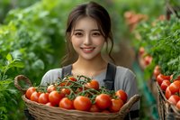 Young Asian woman in gray cardigan and apron holding wicker basket full of fresh ripe tomatoes on vine against green garden background, expressing joy while harvesting.