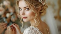 Elegant bride with blonde hair and pearl accessories smiling softly on her wedding day, wearing delicate lace gown with button details.