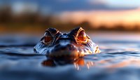 Menacing alligator eyes and snout emerging from dark water at sunset, creating dramatic close-up view with shallow depth of field and orange reflections.