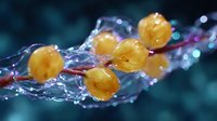 Fresh yellow berries splashing in crystal clear water with dynamic motion and sparkling droplets against dark turquoise background, macro photography.