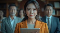 Young Asian businesswoman in orange blazer holding tablet with colleagues in background, professional corporate office setting with warm lighting and bokeh effect.