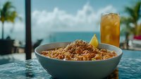 Asian rice bowl with crispy chicken, sesame seeds and green onions served with iced tea and lemon slice on turquoise table outdoors near tropical beach.