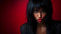 Young African American woman with dramatic makeup, red lips and long black hair against dark red background, moody fashion portrait with intense gaze and artistic lighting.