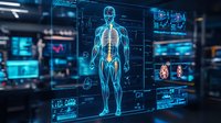 Digital holographic display of human anatomy showing skeletal and nervous systems with medical data interfaces in high-tech laboratory environment.