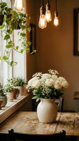 Cozy home interior with white roses in ceramic vase on wooden table, vintage Edison bulb pendant lights and green plants creating warm atmospheric lighting.