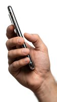 Male hand holding a modern smartphone sideways on white background, isolated for technology, communication and mobile app design use.