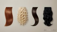 Hair extension samples showing different textures and colors including auburn straight, blonde curly, brown wavy and black wavy styles for beauty salon use.