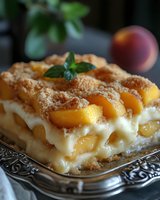 Baked dessert square with caramelized stone fruit filling, creamy custard layer, and cinnamon sugar topping, garnished with fresh mint for bakery, recipe, and food styling use.