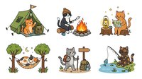 Cute animals camping outdoors in nature scenes with tent, campfire, hammock, and fishing. Isolated clipart ready for children's designs, t-shirts, and educational materials.