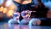 Black and white cat wearing heart-shaped pink sunglasses resting on dark surface with soft bokeh lights in background, creating dreamy romantic mood.