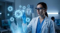 Female scientist in lab coat examining holographic virus models and human anatomy in futuristic medical research laboratory with digital interface technology.