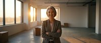 Confident mature businesswoman with crossed arms standing in empty modern office space during golden hour sunset with moving boxes for relocation.