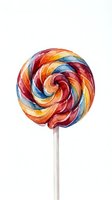 Colorful spiral lollipop with red, orange, yellow, and blue swirled candy on white stick, isolated on white background for confectionery and candy design projects.