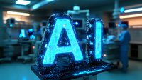 Glowing blue AI letters with futuristic neon effect in modern tech laboratory environment, scientists working in background creating dramatic technological atmosphere.