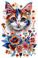 Colorful artistic cat portrait surrounded by vibrant floral arrangement in folk art style. Perfect for greeting cards, wall art, and textile design on white background.