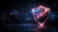 Glowing shield symbol with red and blue neon light effect on dark background, network security concept with particles and reflections on water surface.