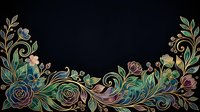 Elegant floral border with gold outlines, colorful roses, leaves, and swirls on a dark black background for luxury design projects.