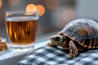 Small turtle on checkered fabric next to glass of whiskey with bokeh lights in background, creating cozy atmospheric composition for bar or restaurant menu.
