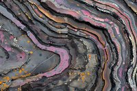 Abstract fluid art background with wavy layers in gray, pink, and gold tones creating organic marble-like pattern with metallic accents. Modern luxury wall decor.