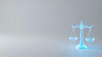 Glowing blue scales of justice symbol on gray background representing legal balance, law firm branding, and judicial system concepts for professional use.