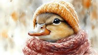 Baby duckling wearing orange knit beanie and cozy pink scarf against blurred winter background, digital art style illustration with soft warm colors and detailed feathers.