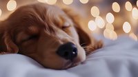 Golden retriever puppy sleeping peacefully on gray bedding with soft bokeh lights creating magical holiday atmosphere in background, close up view of dog's muzzle.