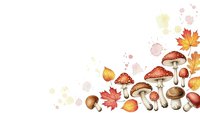 Autumn corner border with watercolor mushrooms and falling leaves on white background for seasonal design projects.
