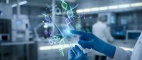 Medical researcher in blue gloves using digital tablet with holographic DNA molecules and scientific data visualization in modern laboratory setting.
