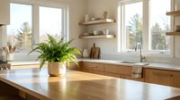 Modern kitchen interior with wooden countertop, potted green plant, stainless steel sink, floating shelves, and large windows overlooking trees for home design and renovation projects.