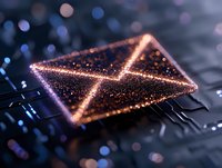 Glowing envelope shape formed by golden particles floating over dark circuit board background with blue bokeh lights, concept of digital communication.