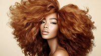 Young woman with voluminous curly copper hair styled dramatically against neutral beige background, showcasing modern beauty trends.
